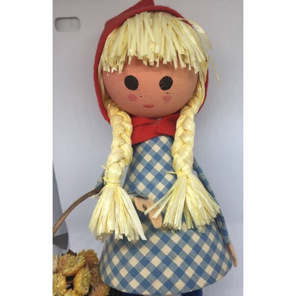 Vintage 1960's Handmade Wooden Doll Little Red Riding Hood Long Yellow Braids - Picture 4 of 8
